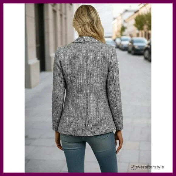 Herringbone Tweed Blazer Slim Fit Notched Lapel Office Work Jacket Classic - Picture 6 of 7